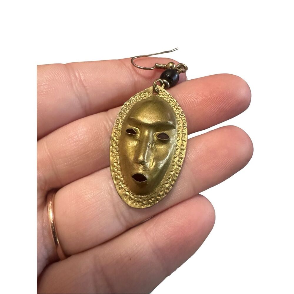 African Mask Brass Earrings Dangle Vintage Unique Tribal